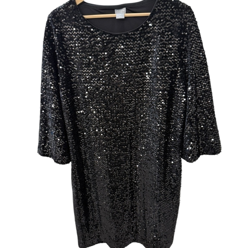 Chico’s Size 3 16/18 Black Sequined Bell sleeves Mid Length Cocktail Dress